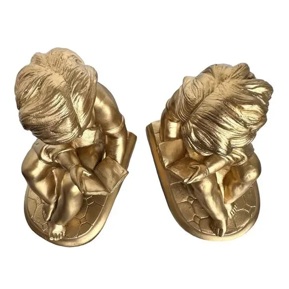 Vintage Pair faux Brass Bookends Boy Reading a Book~Gold Art Deco Decor~Cherubs - Picture 5 of 10